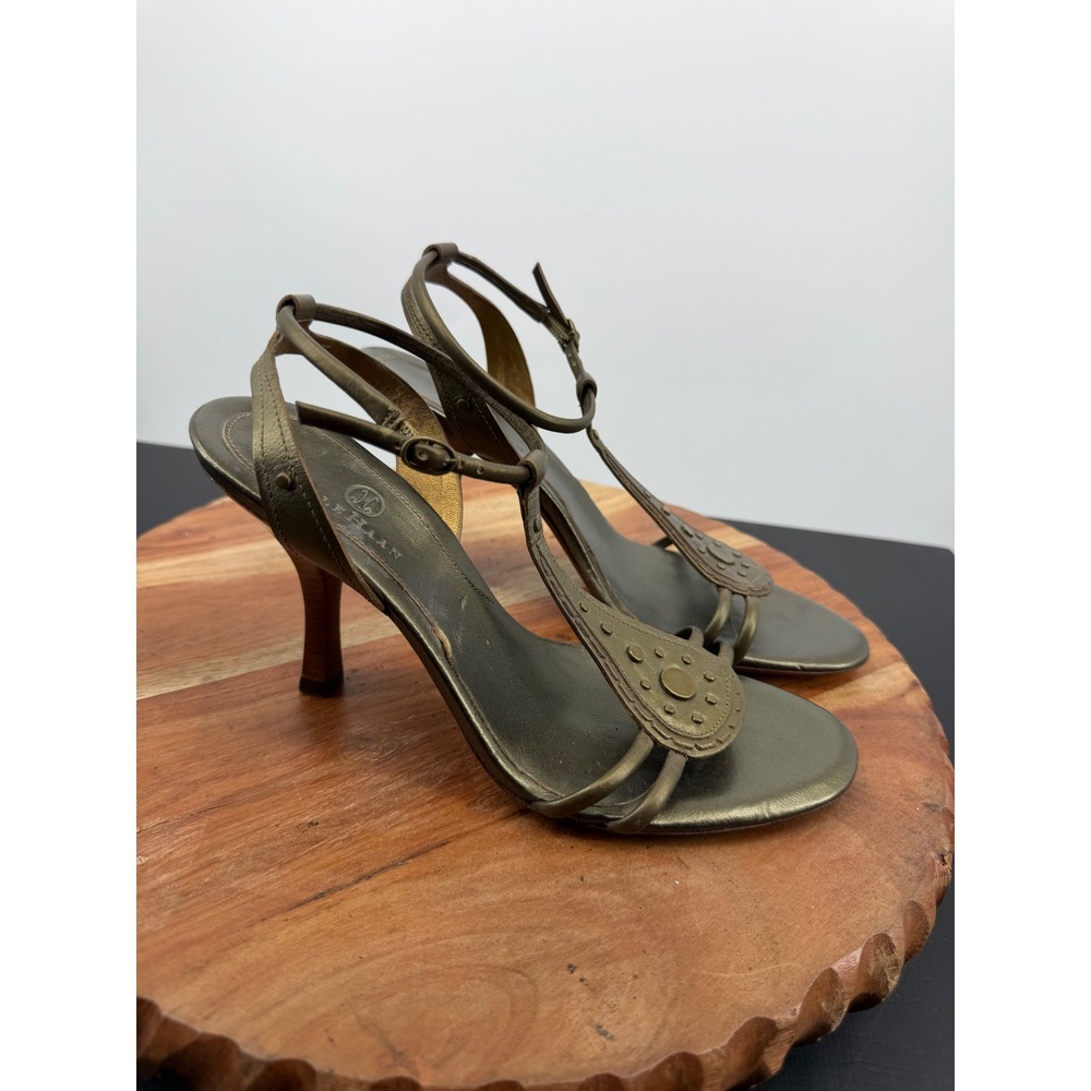 Cole Haan T-Strap Stiletto Sandal Women 7.5 Bronze Metallic Studded Heel